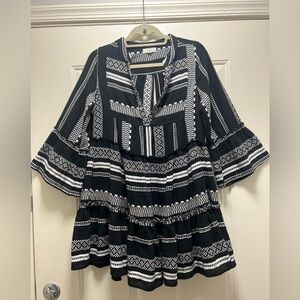 ELAN Peasant/Baby Doll Tiered Mini Dress 3/4 sleeve  woven Aztec black White S